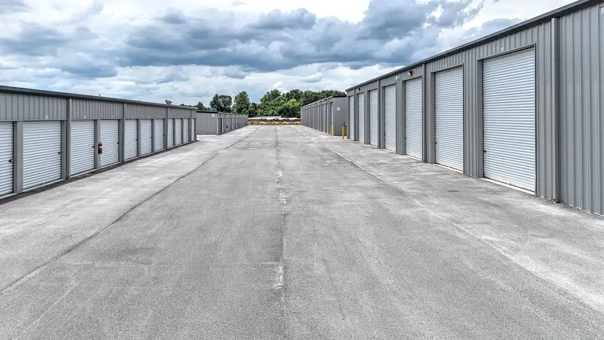 Artifacts Self Storage wide drive aisle to enclosed RV and boat storage